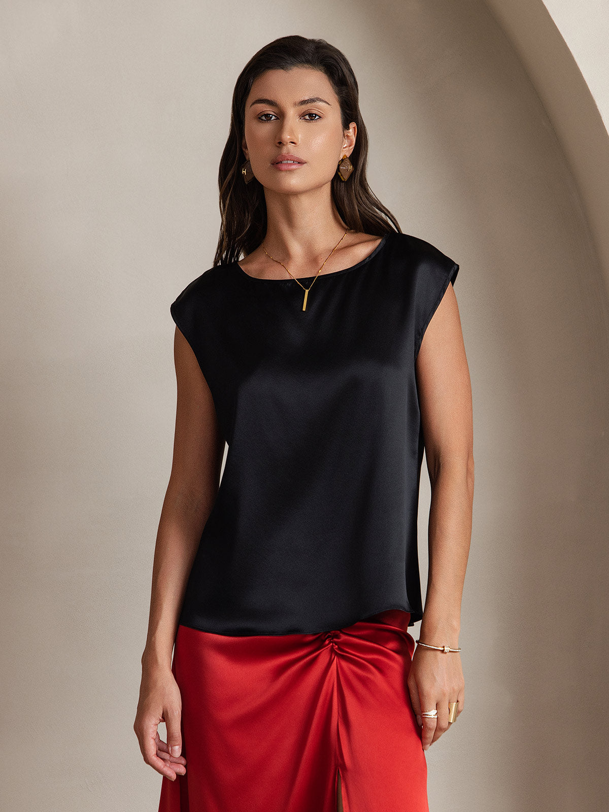 [Noir] SilkSilky-FR 19Momme Soie Col Rond Femme T-Shirt 001