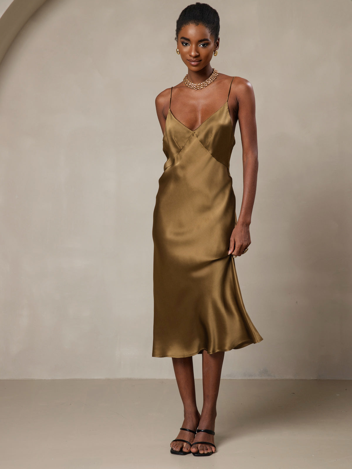 [Brun] SilkSilky-FR 19Momme Pure Soie Col en V Robes 006