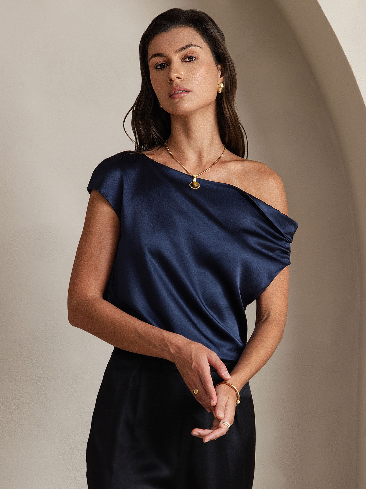 [Bleu Foncé] SilkSilky-FR 19Momme Soie Womens T-Shirt 003