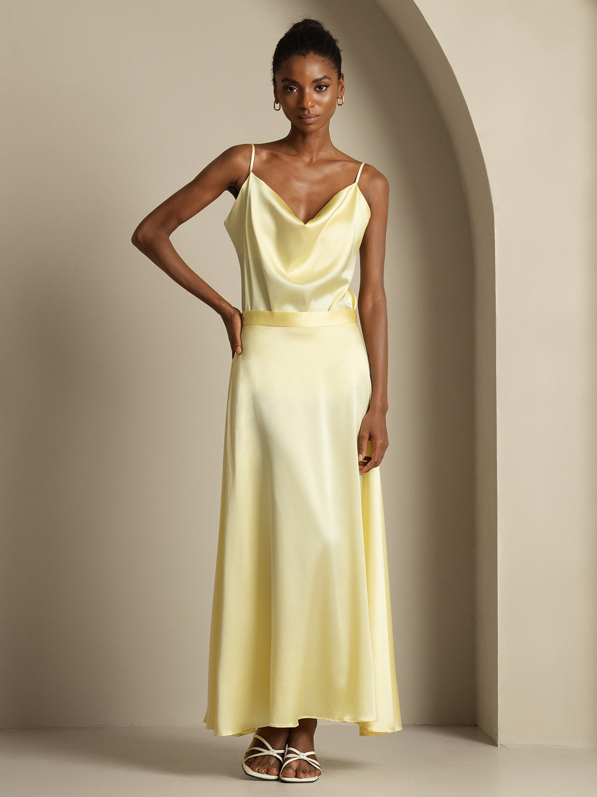 [Jaune Clair] SilkSilky-FR 19Momme Soie Col Chemise Women''s Outfit Sets 003,