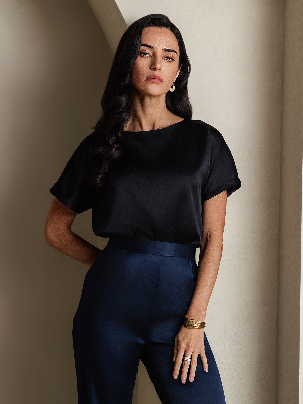 [Noir] SilkSilky-FR 19Momme Soie Col Rond Femme T-Shirt 004