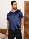 SilkSilky FR Pure Soie Manches courtes Col Rond Homme T Shirt BleuFoncé 006