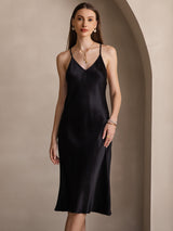 [Noir] SilkSilky-FR Pure Soie Sans manches Col en V Robes 003