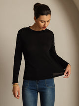 [Noir] SilkSilky-FR Long Sleeve Crew Neck Femme T-Shirt 003