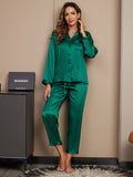 SilkSilky FR Pure Soie Manches longues Revers Femme Pyjamas Vert 003