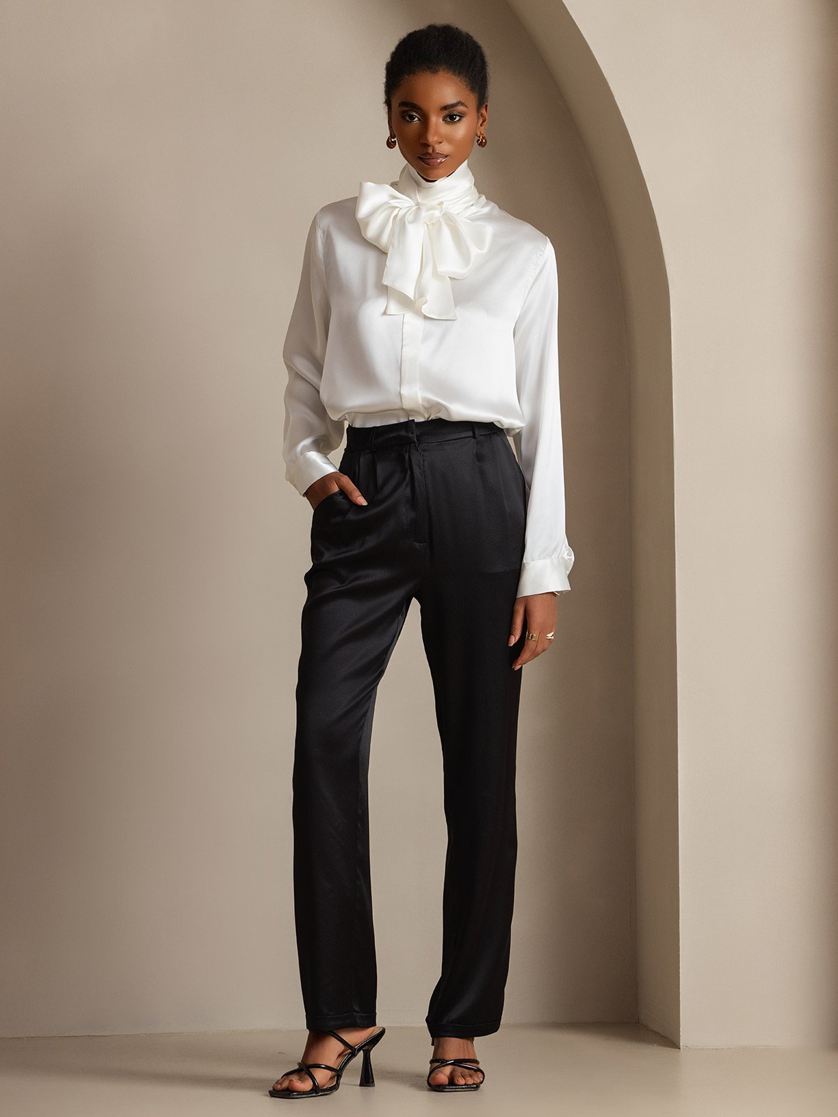 [Blanc] SilkSilky-FR 19Momme Soie Manches longues Blouse 008