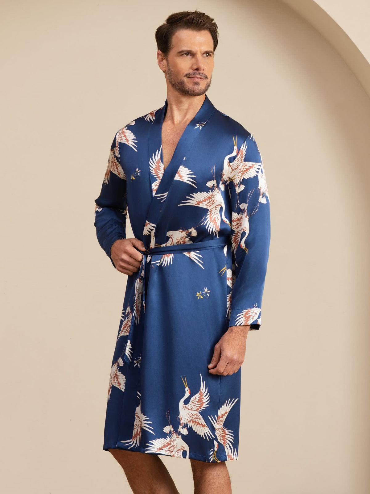 [Bleu Foncé] SilkSilky-FR 19Momme Mens Robe 001