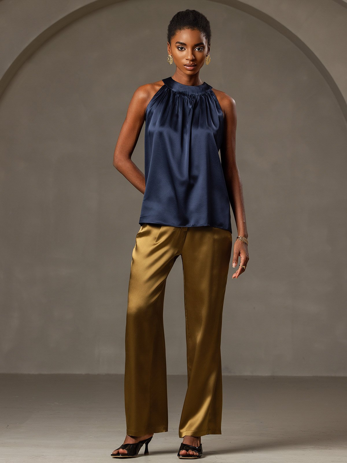 [Bleu Foncé] SilkSilky-FR 19Momme Soie Sans manches Womens T-Shirt 005