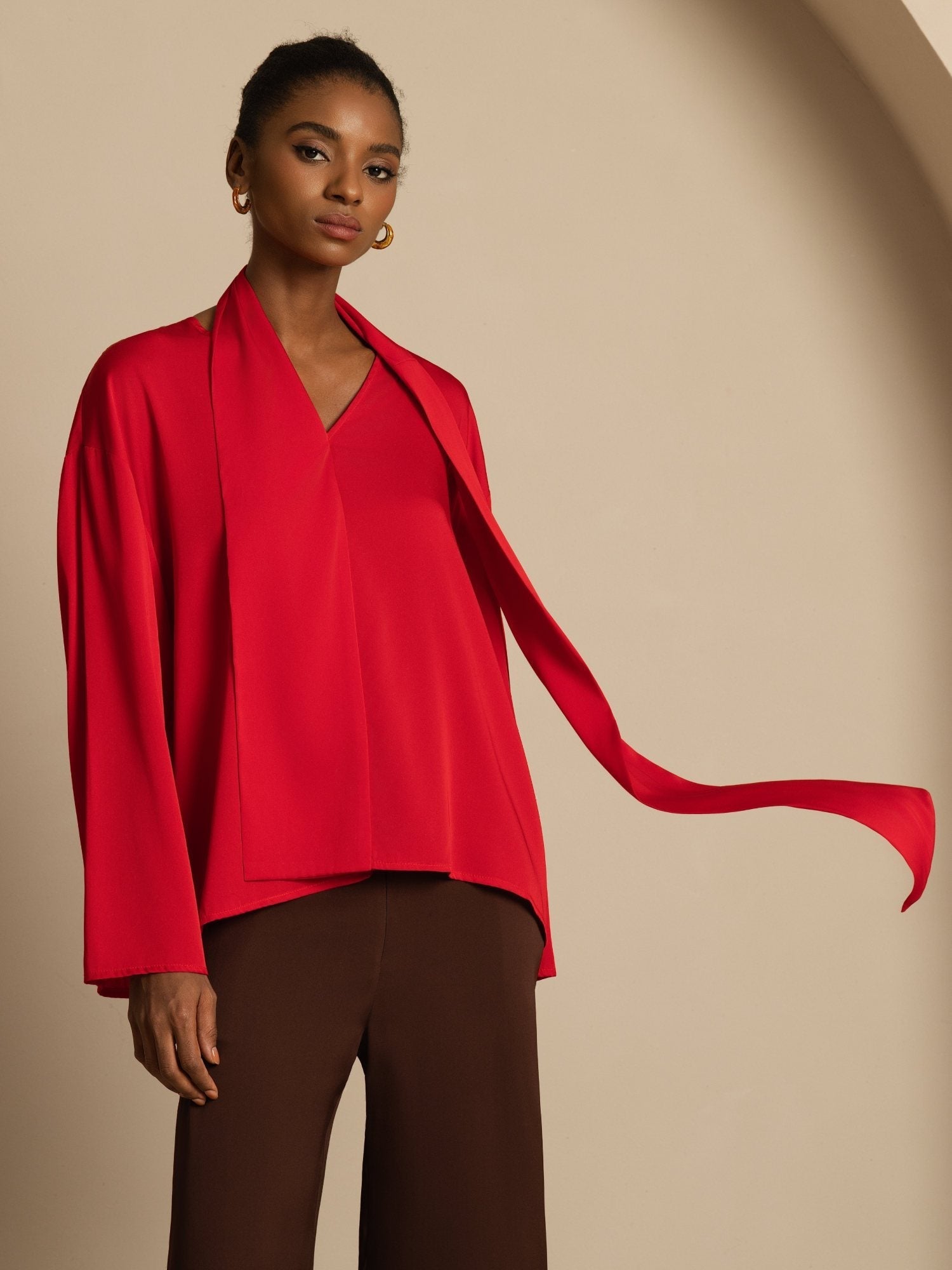 [Rouge Vineux] SilkSilky-FR 19Momme Soie Manches longues Col V Blouse 003