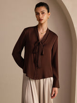 [Chocolat Noir] SilkSilky-FR Long Sleeve Tie Neck Blouse 003