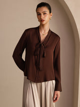 [Chocolat Noir] SilkSilky-FR Long Sleeve Tie Neck Blouse 003