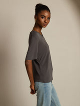 [Gris] SilkSilky-FR Manches courtes Col V Femme T-Shirt 003