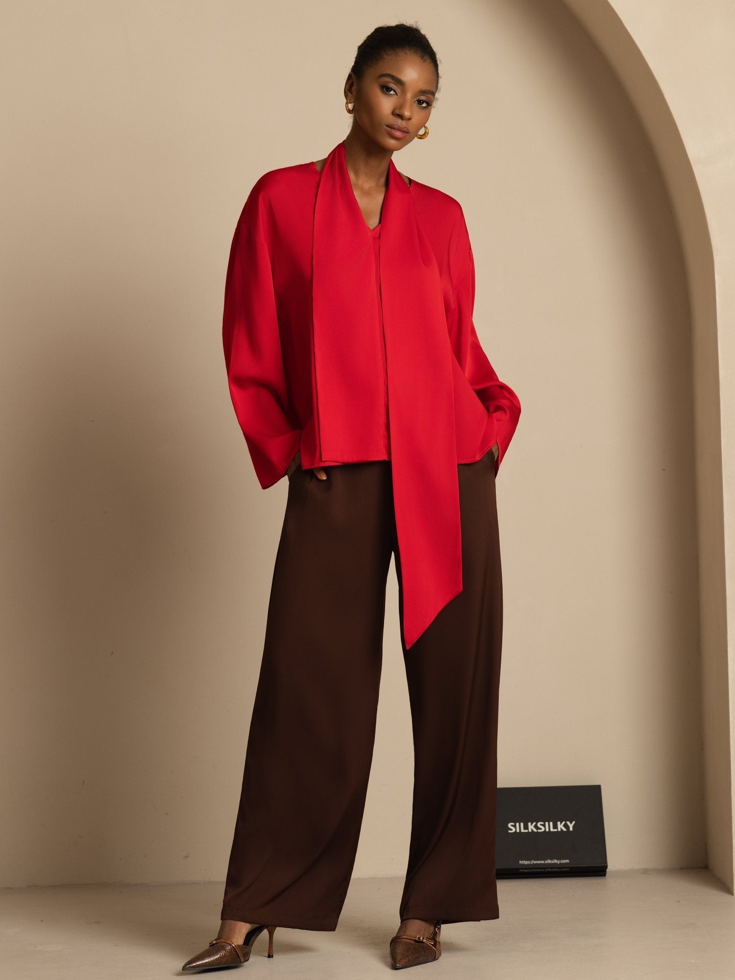 [Rouge Vineux] SilkSilky-FR 19Momme Soie Manches longues Col V Blouse 006