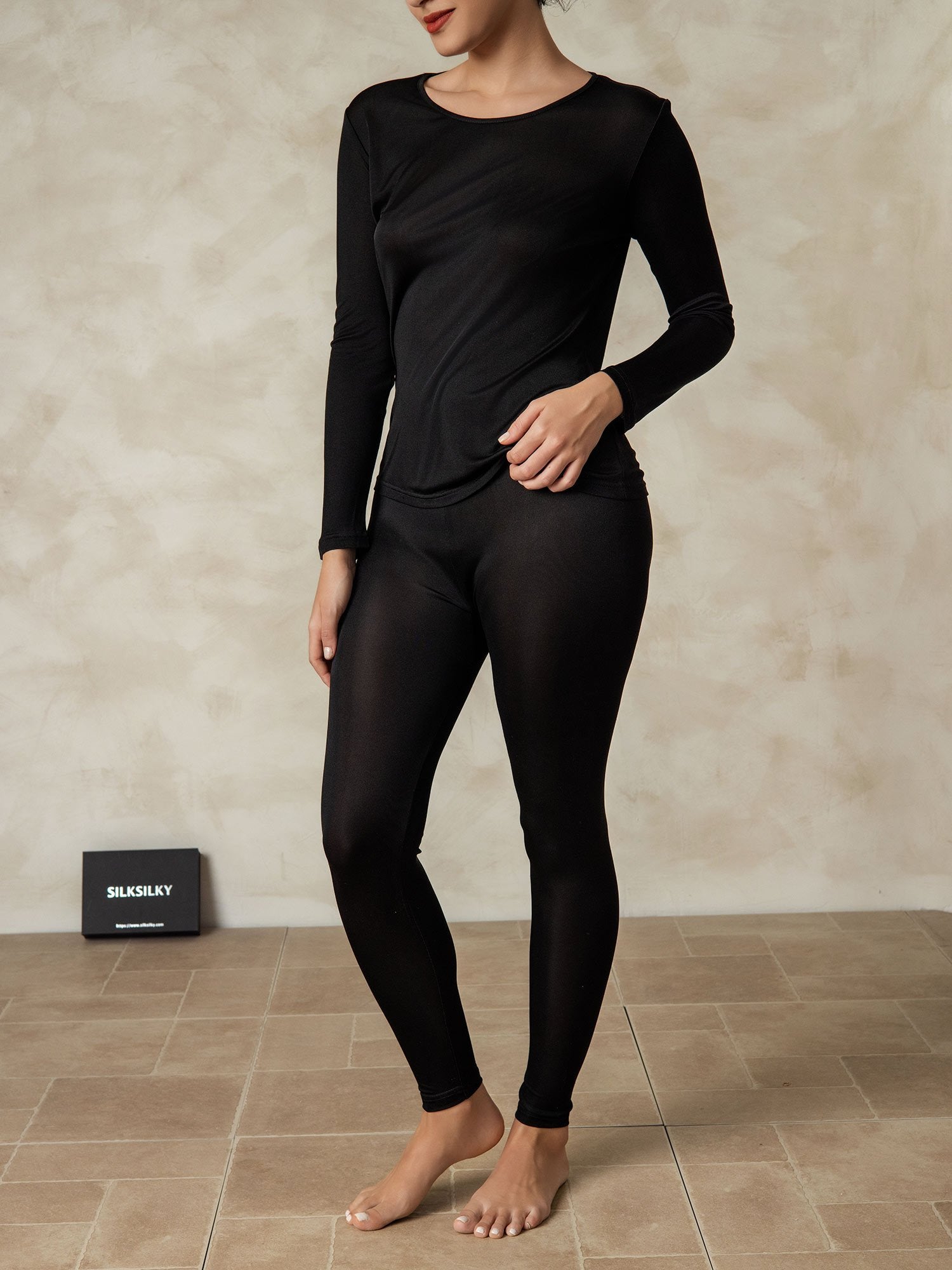 [Noir] SilkSilky-FR Soie Col Rond Femme Pyjamas 004