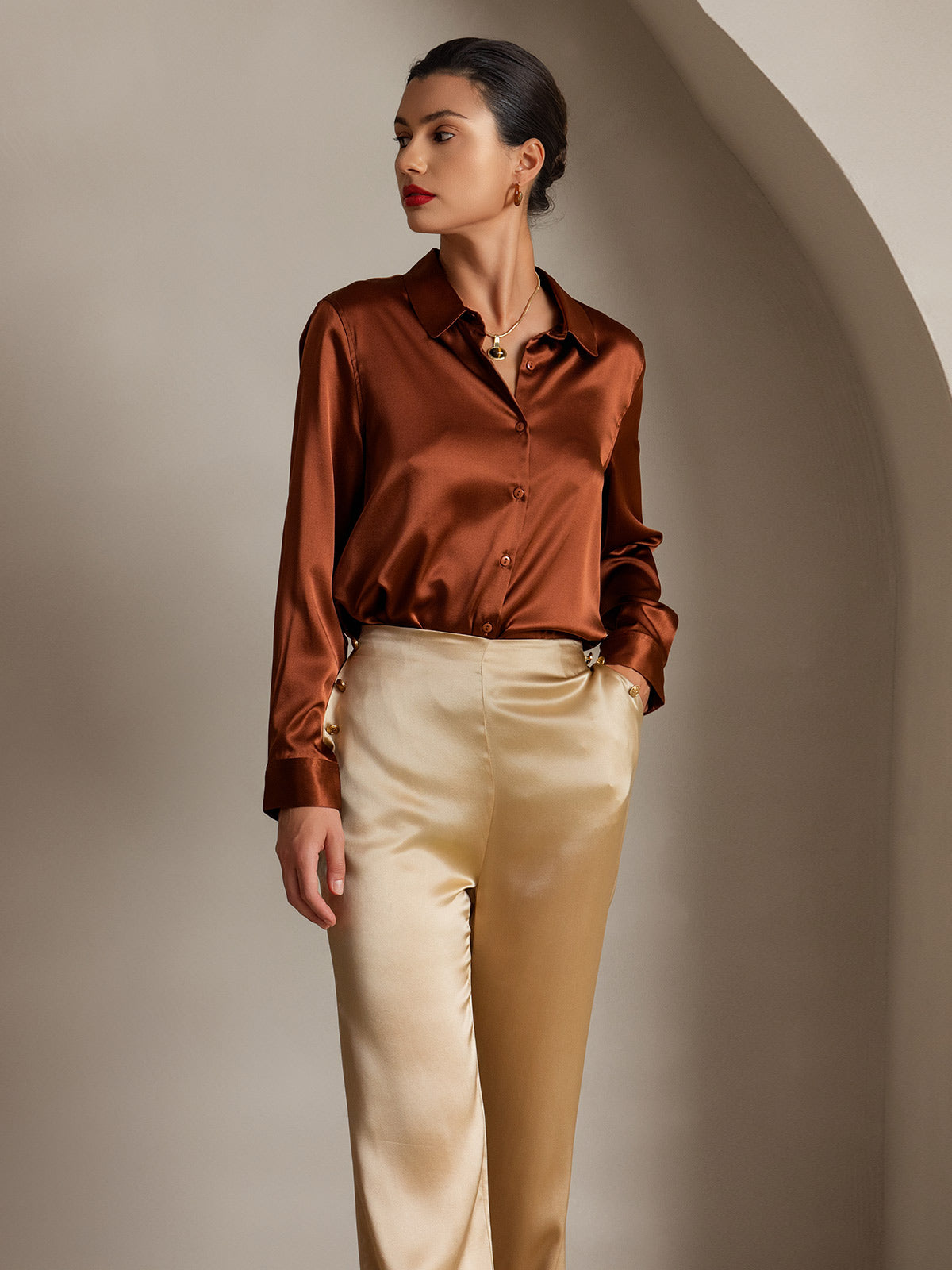 [Champagne] SilkSilky-FR 19Momme Soie Womens Pants 005
