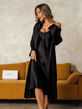 [Noir] SilkSilky-FR Long Sleeve V Neck Peignoir&Robe de Chambre 003