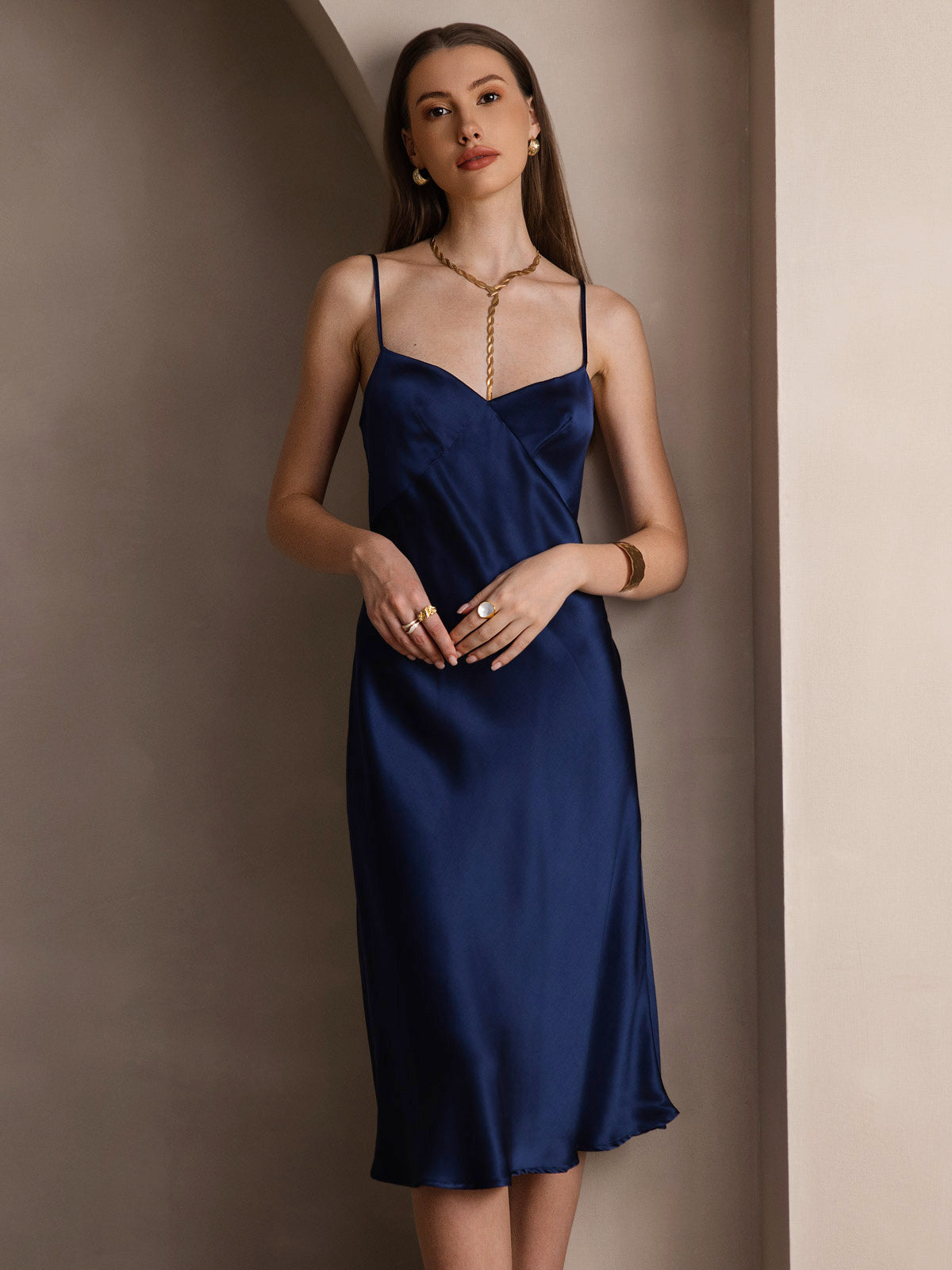 [Bleu Foncé] SilkSilky-FR 19Momme Pure Soie Col en V Robes 004