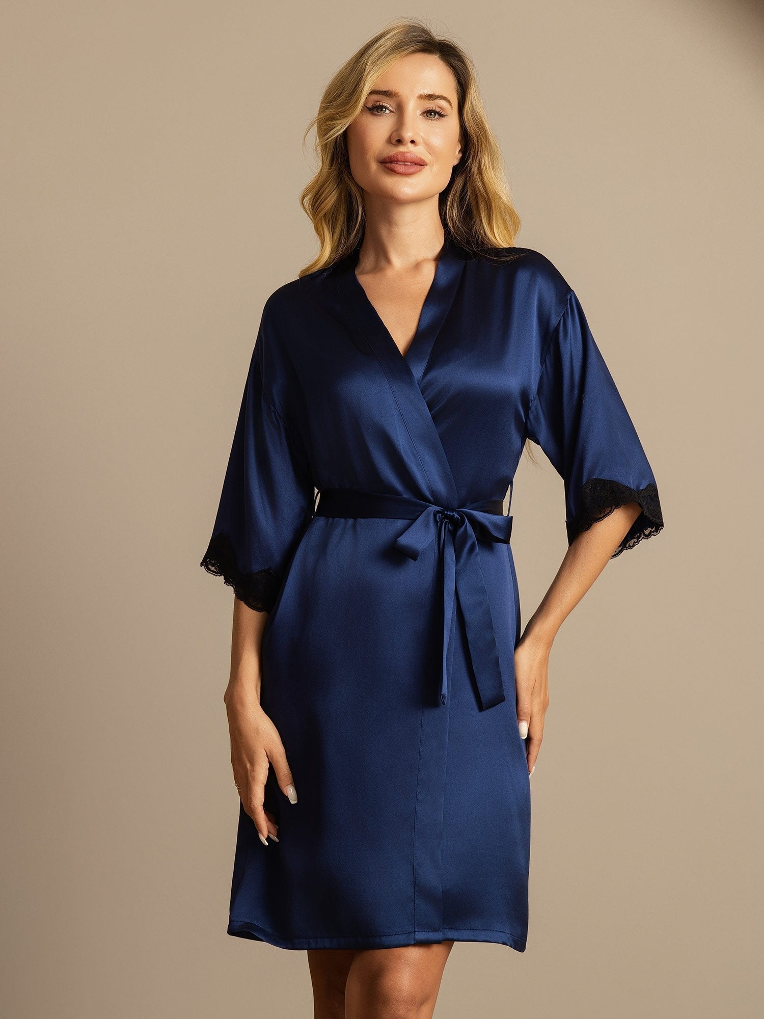 [Bleu Foncé] SilkSilky-FR Soie Womens Robe 001