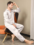 SilkSilky FR 19Momme Pure Soie Manches longues Revers Homme Pyjamas Gris 005