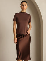 [Café] SilkSilky-FR 100% Silk Jersey Short Sleeve Mock Neck Femme T-Shirt 009