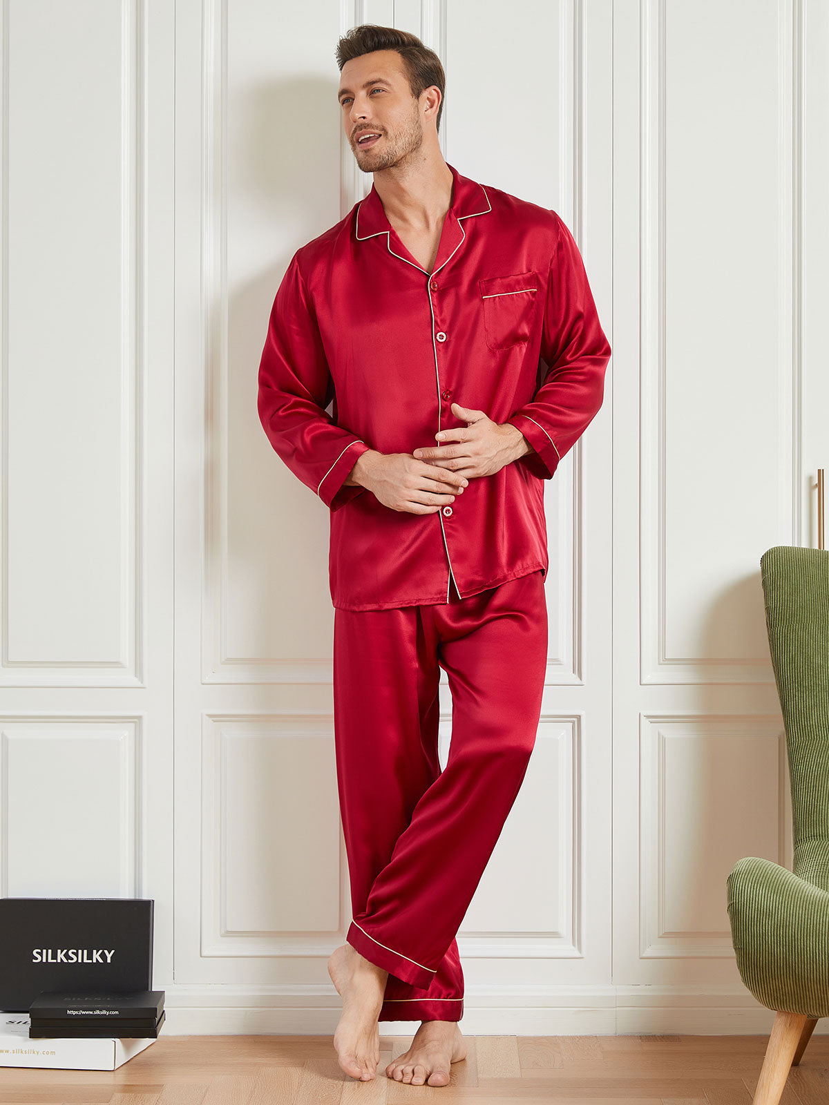 SilkSilky FR 19Momme Pure Soie Manches longues Revers Homme Pyjamas Rouge 002