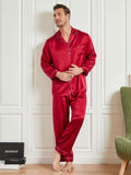 SilkSilky FR 19Momme Pure Soie Manches longues Revers Homme Pyjamas Rouge 002