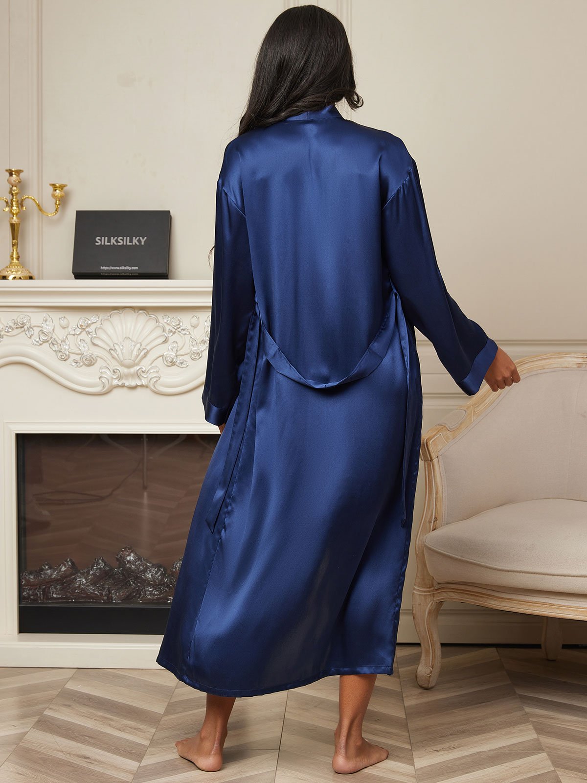 [Bleu Foncé] SilkSilky-FR Pure Soie Womens Robe 002