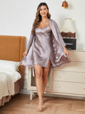 SilkSilky FR Pure Soie Manches longues Nightgown&Robe Set Gris 003