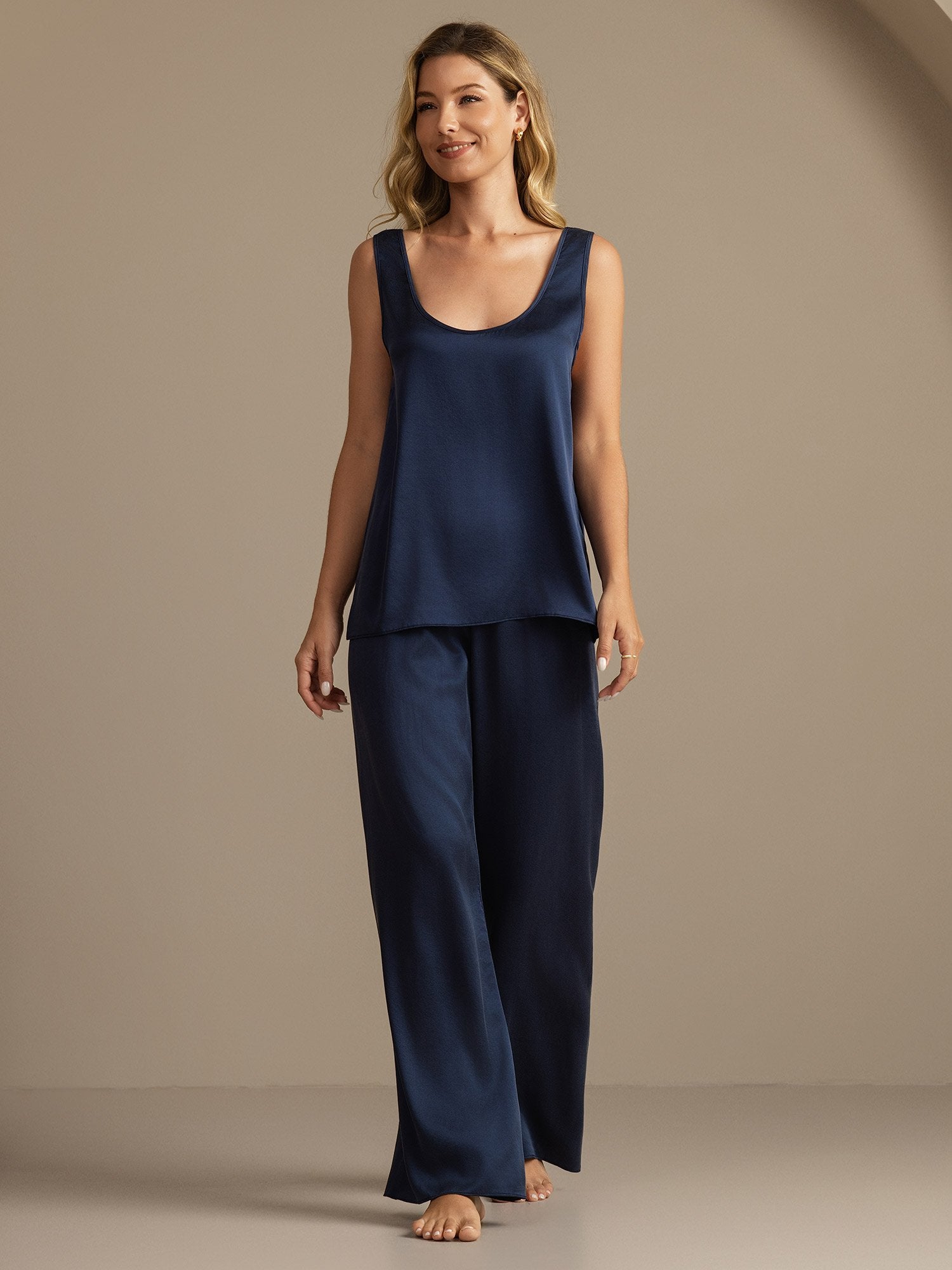 [Bleu Foncé] SilkSilky-FR 19Momme Soie Womens Pajamas 006,