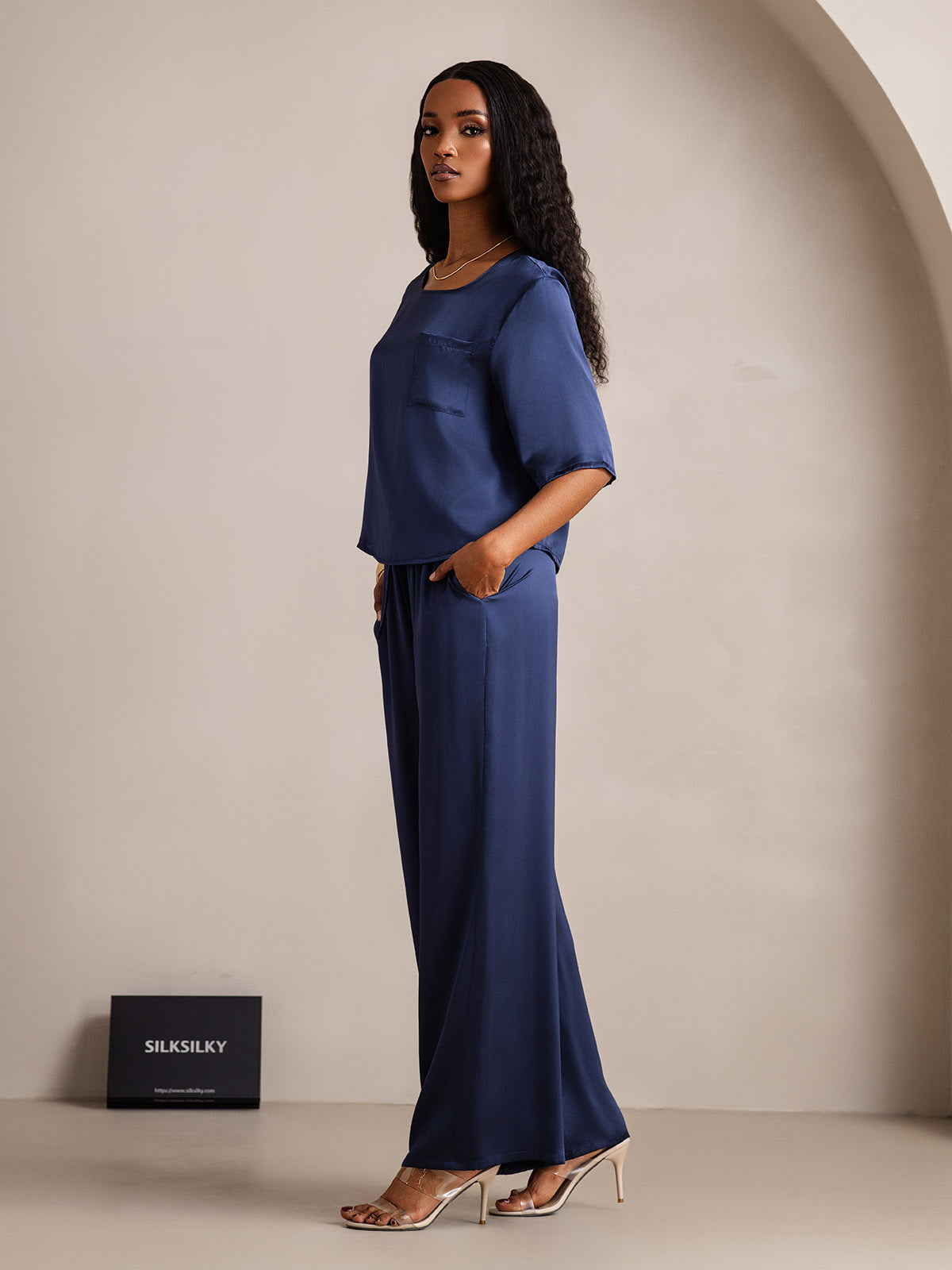 [Bleu Foncé] SilkSilky-FR Pure Soie Col Rond Femme Pyjamas 004