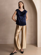 [Bleu Foncé] SilkSilky-FR Cap Sleeve Cowl Neck Femme T-Shirt 008
