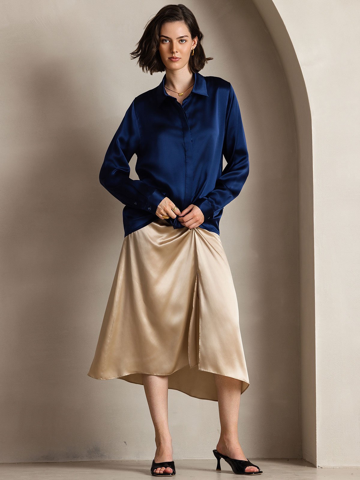 [Bleu Foncé] SilkSilky-FR 19Momme Soie Manches longues Col Chemise Femme Chemise 003