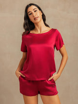 [Rouge Vineux] SilkSilky-FR 19Momme Manches courtes Col Rond Femme Pyjamas 001