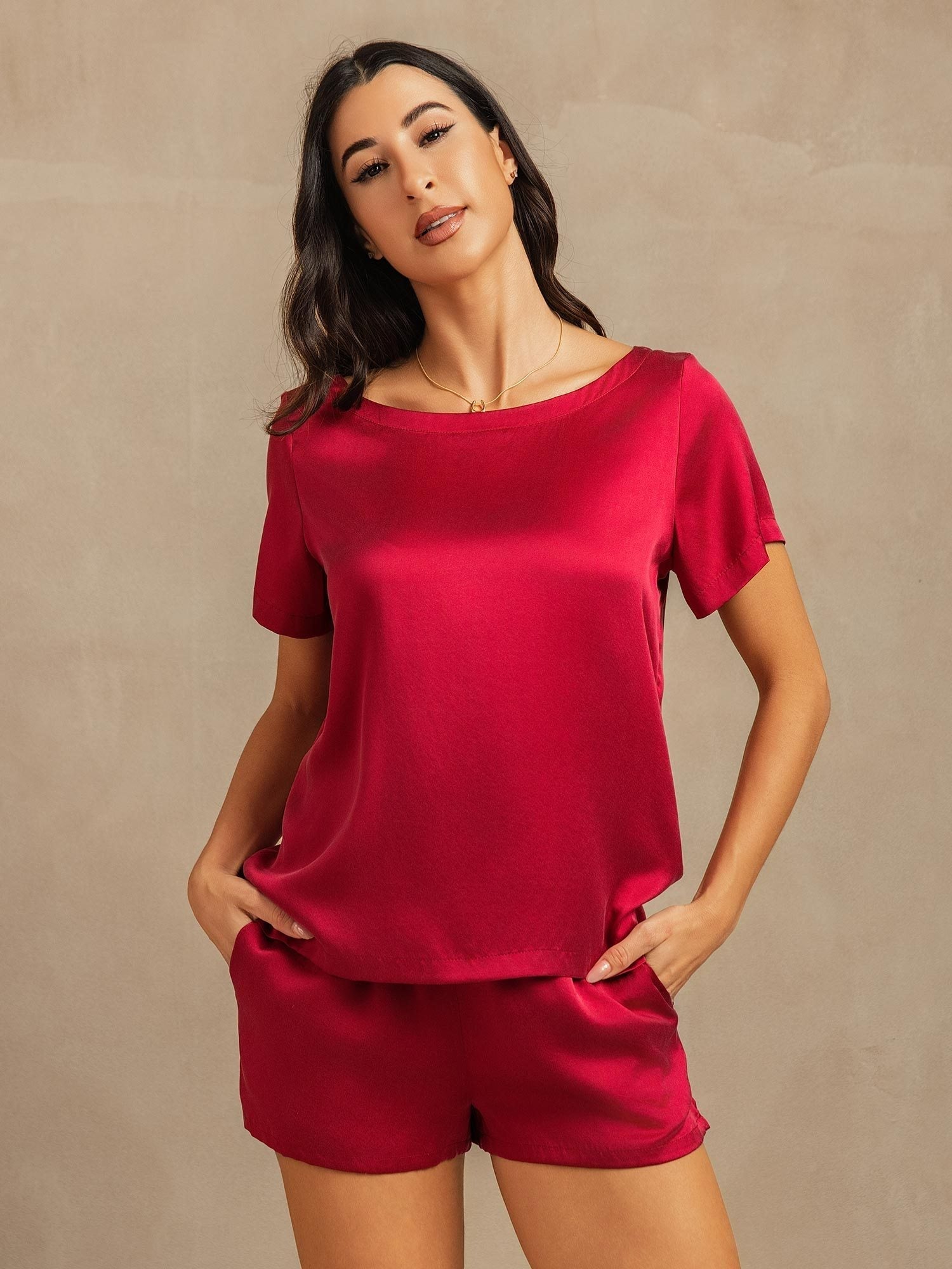 [Rouge Vineux] SilkSilky-FR 19Momme Soie Col Rond Femme Pyjamas 001,