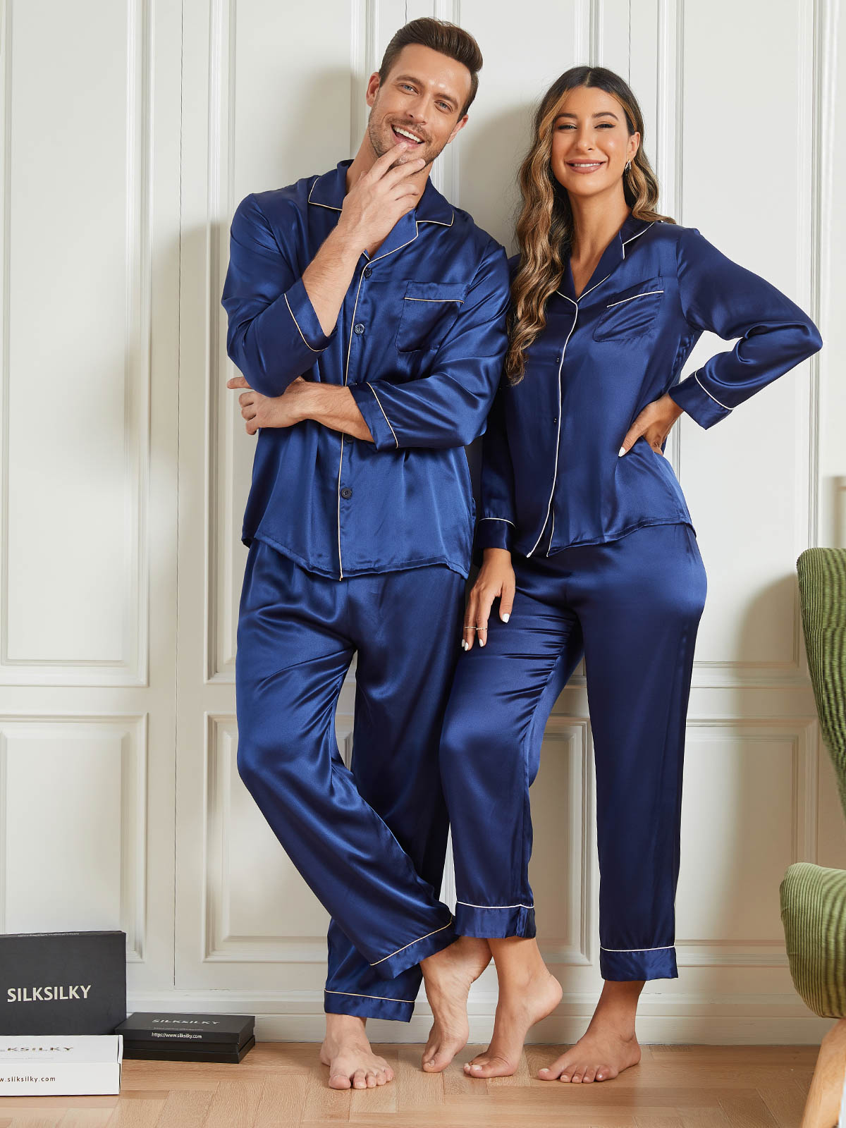 SilkSilky FR Pure Soie Manches longues Couple BleuFoncé 001