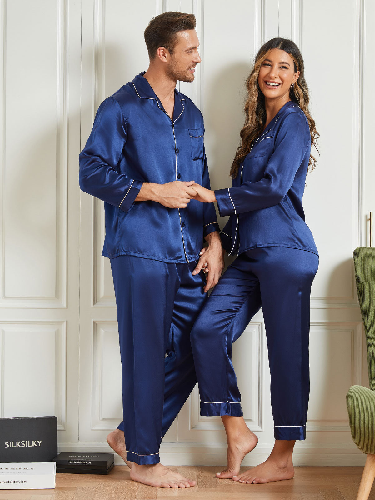 SilkSilky FR Pure Soie Manches longues Couple BleuFoncé 003