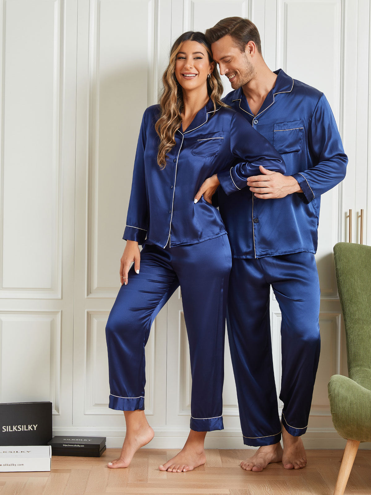 SilkSilky FR Pure Soie Manches longues Couple BleuFoncé 004