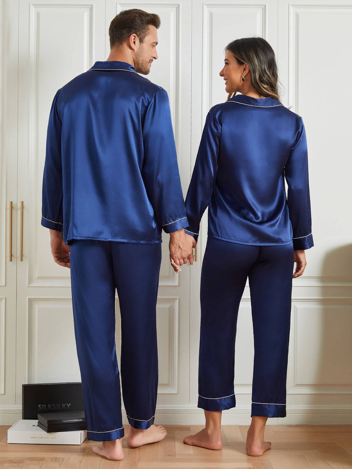 SilkSilky FR Pure Soie Manches longues Couple BleuFoncé 002