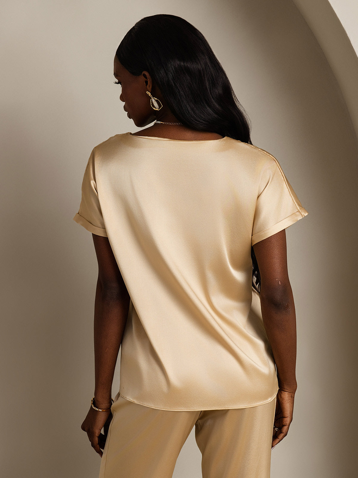 [Champagne] SilkSilky-FR 19Momme Soie Col Rond Femme T-Shirt 002