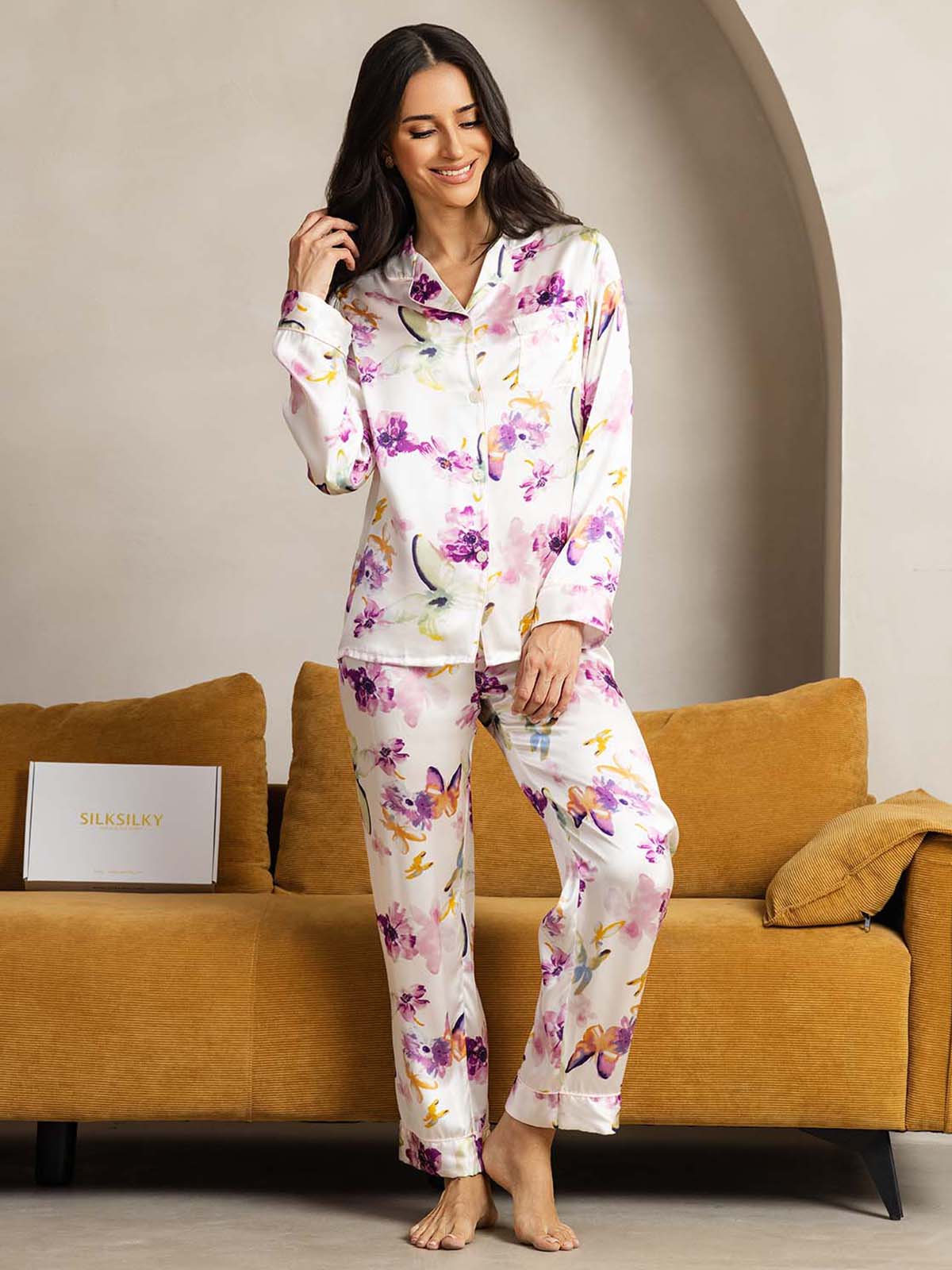 [Fleurs Aquarelle] SilkSilky-FR Pure Soie Womens Pajamas 001