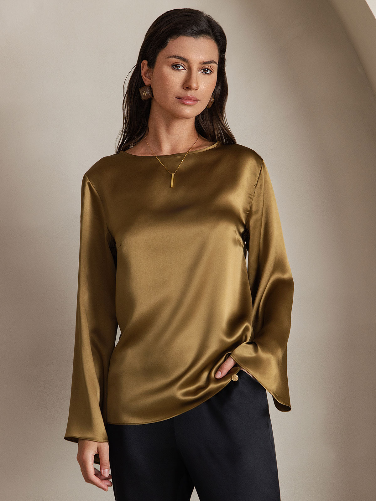 [Brun] SilkSilky-FR 19Momme Soie Col Rond Femme T-Shirt 003