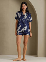 [Guépard Bleu Marine] SilkSilky-FR Short Sleeve Notch Collar Femme Pyjamas 007