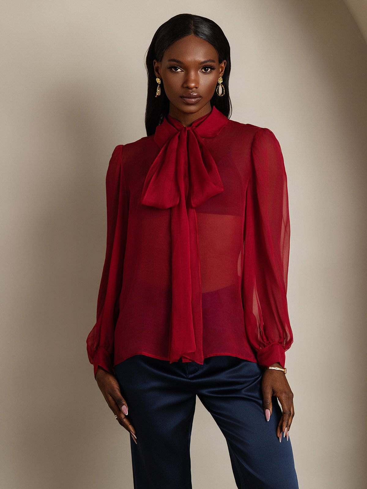 SilkSilky-FR Soie Manches longues Nœud à l'encolure Femme Chemise RougeVineux 003