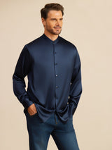 [Bleu Foncé] SilkSilky-FR Long Sleeve Stand Collar Homme Chemise 006