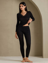 [Noir] SilkSilky-FR Long Sleeve V Neck Sous Vêtements Longs Femme 004