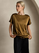 [Brun] SilkSilky-FR Short Sleeve Boat Neck Femme T-Shirt 004