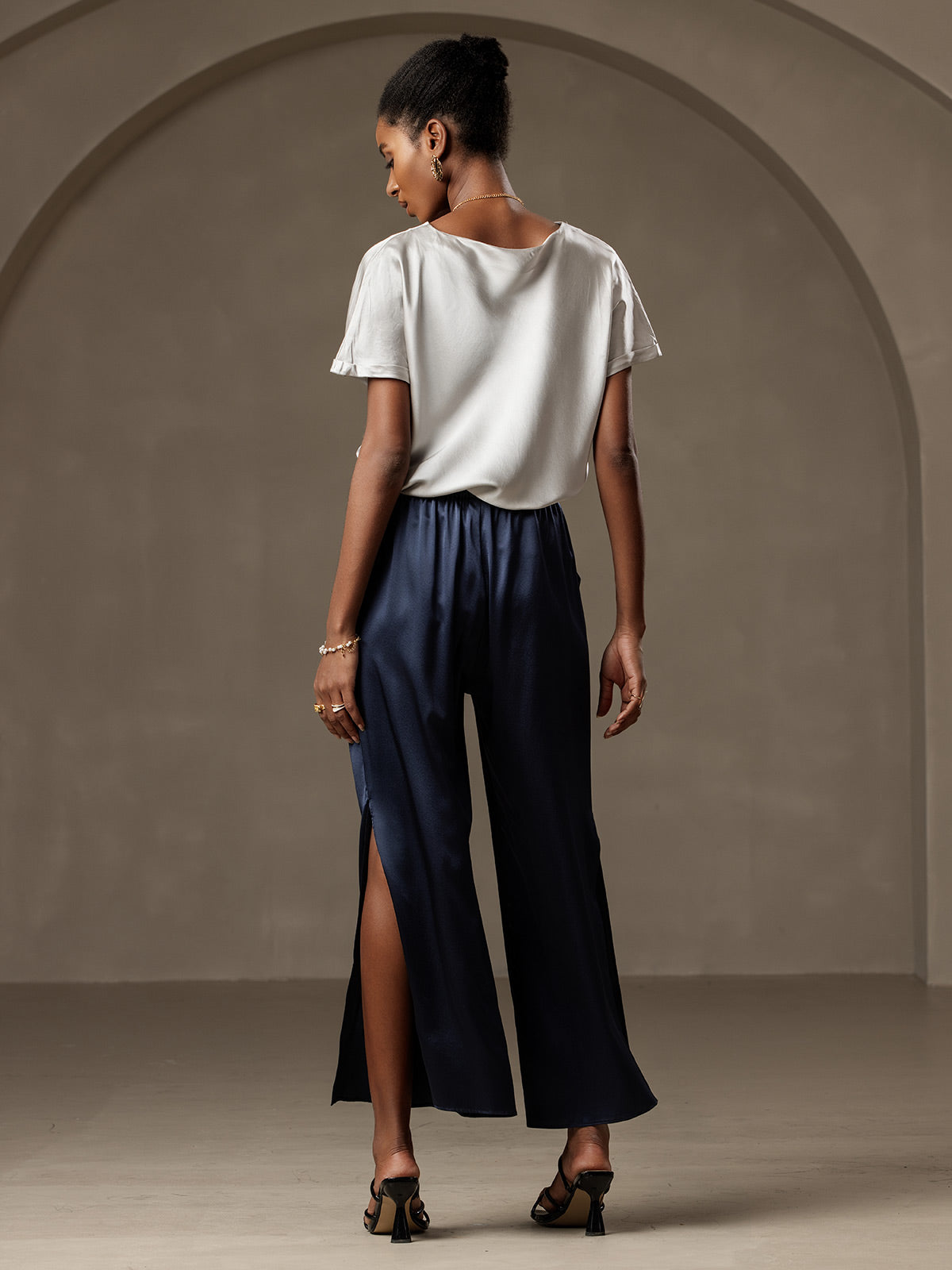 [Bleu Foncé] SilkSilky-FR 19Momme Soie Womens Pants 002