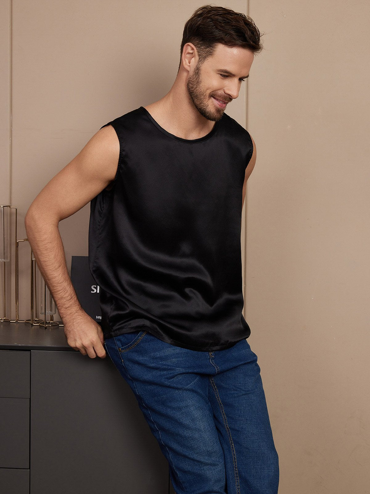 SilkSilky FR Pure Soie Sans manches Mens T Shirt Noir 005