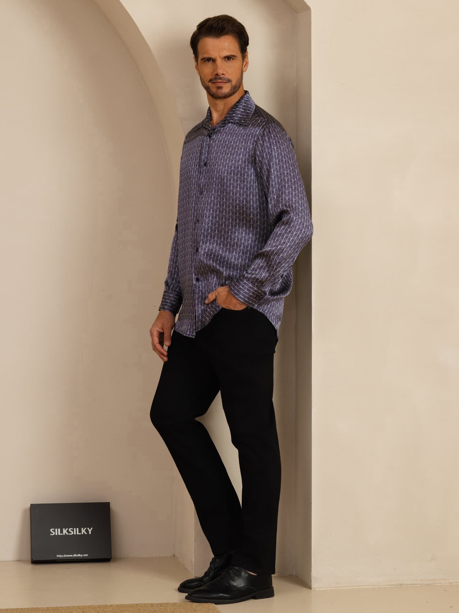 [Ginkgo Marine] SilkSilky-FR Manches longues Col à Revers Homme Chemise 007