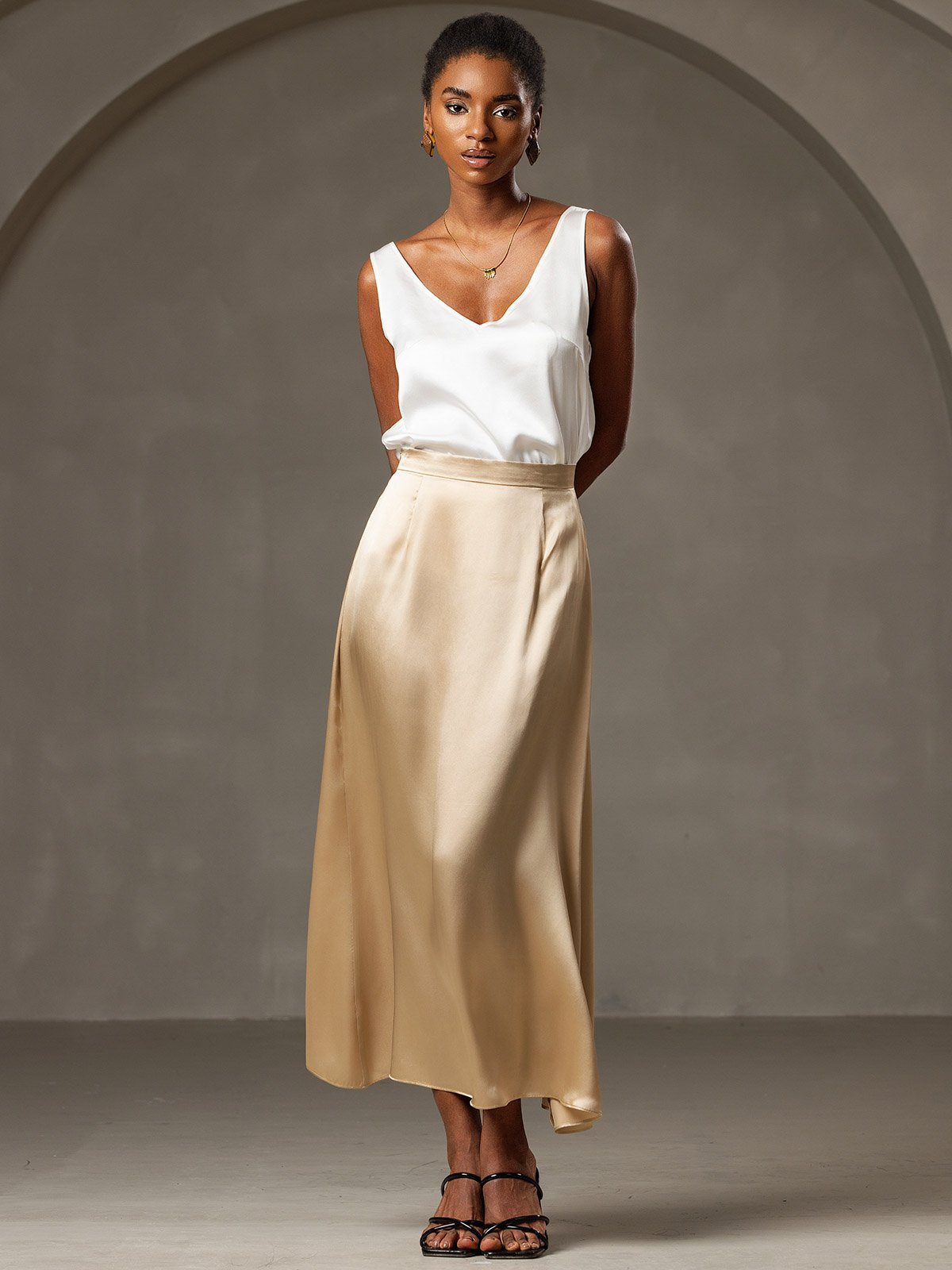 [Champagne] SilkSilky-FR 19Momme Soie Skirt 001